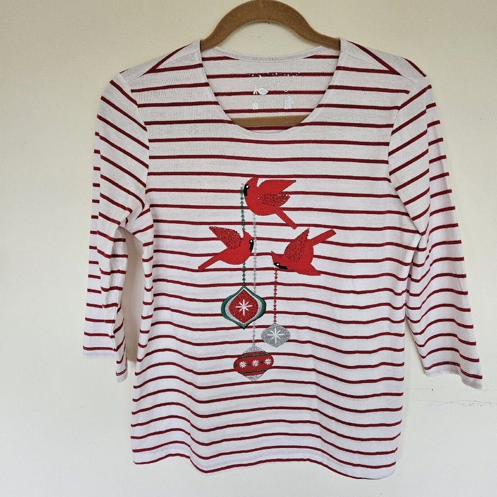 Coral Bay Size Small White Red Stripe Embellished Holiday Cardinals 3/4 Sleeve